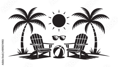Summer vacation vector silhouette design. two palm trees, sun, beach chairs, sunglasses, and a beach ball on sand