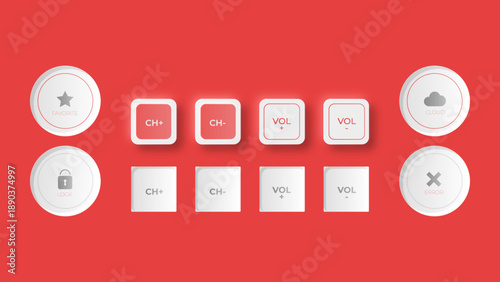 Modern ui buttons set for various controls including channel, volume, and utility functions