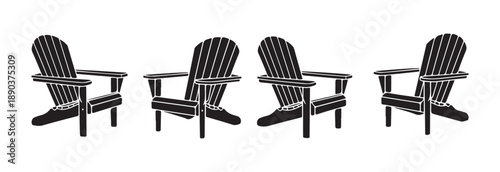 Adirondack chairs black and white silhouette vector icon set, classic outdoor wooden furniture collection on white background