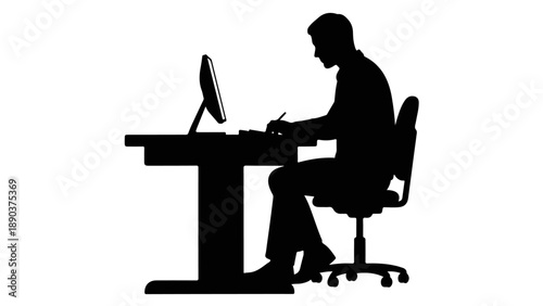 Black Silhouette Vector of Businessman Working on Desktop Computer at Office Desk | Isolated Professional Worker Illustration