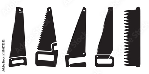 Collection of Black Saw Silhouettes with Various Blade and Handle Designs.