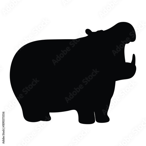 Silhouette of a hippopotamus with its mouth open, revealing a canine tooth