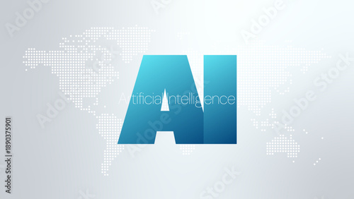 Artificial intelligence. AI neural network digital brain machine deep learning processing big data analysis technology. World map vector illustration. Gray gradient silver background