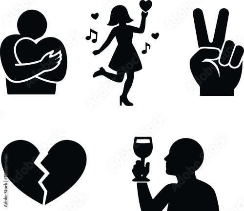 Single Life Awareness Silhouette Icon Set Love Emotion Vector Illustration