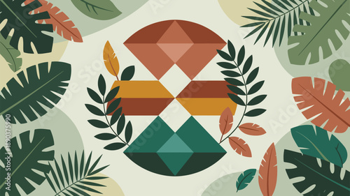Vibrant geometric shapes surrounded by lush tropical leaves on cream background