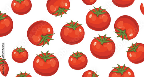 Seamless Vector Pattern of Fresh Red Tomatoes with Green Stems Featuring Realistic Garden Vegetables for Healthy Food Backgrounds Culinary Design and Kitchen Decor