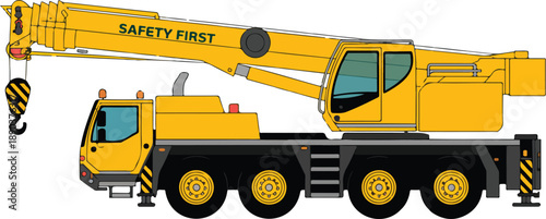 Mobile Crane Outline Icon Set Heavy Truck, Extended Boom, and Safety