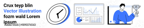 Clock for time tracking, analytics dashboard with charts, and a person holding a trophy. Ideal for productivity, business growth, time management, success, achievement, motivation simple landing