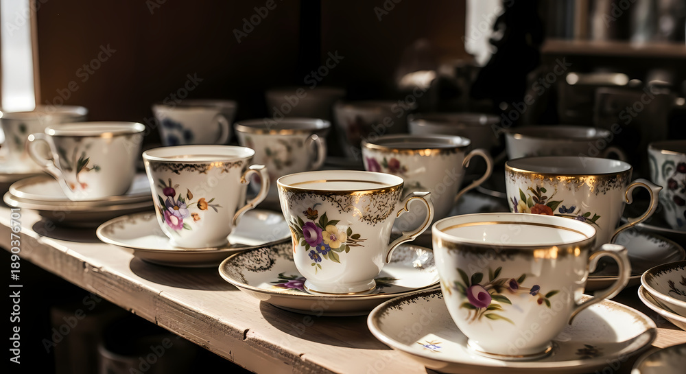 Fototapeta premium High-Angle View of Antique Porcelain Teacups and Saucers — Vintage Collection Concept