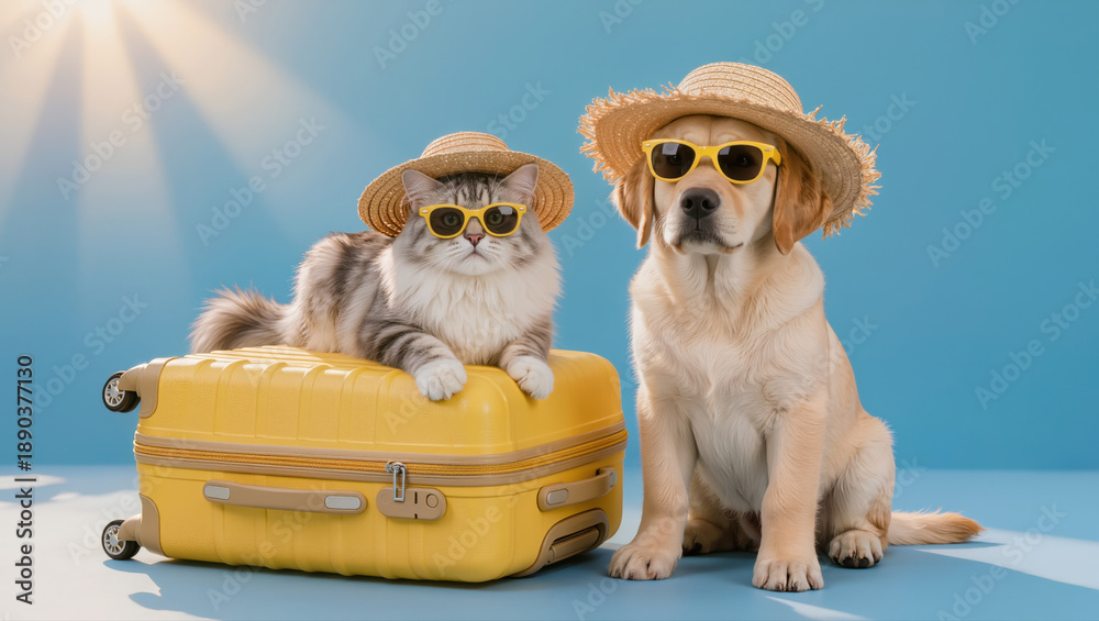 Fototapeta premium Funny cat and dog in straw hats and sunglasses with yellow suitcase on blue background. Summer vacation travel concept with pets.
