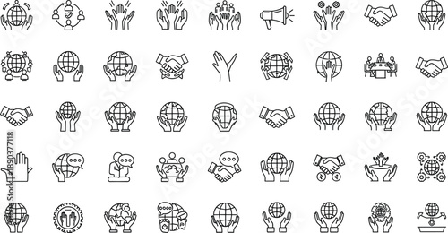 Vector Line Art Icon Set of Global Collaboration and Partnership Featuring Handshakes World Globes Corporate Meetings Professional Networks and International Teamwork Symbols