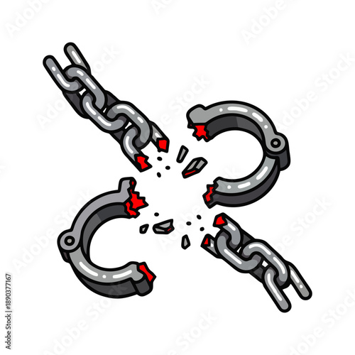 Broken metal chains and handcuffs with red sparks on a white background, depicting freedom and liberation in a symbolic graphic illustration.