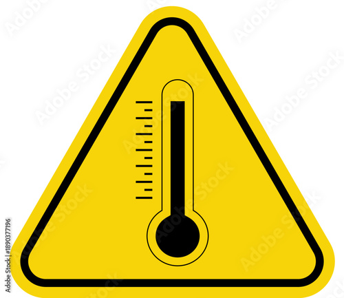 Yellow warning triangle with thermometer symbol indicating high temperature or heat danger isolated on white background