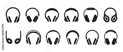 Collection of Black Headphone and Earphone Icons on White Background, Modern Audio Device Symbols.