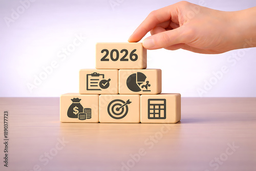 Financial planning and business strategy concept for 2026 with icons of money, target, analysis and goals