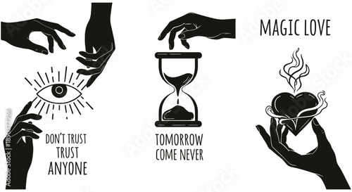 Mystical hands interact with symbols of fate, time, and passion in a dark, enigmatic design.