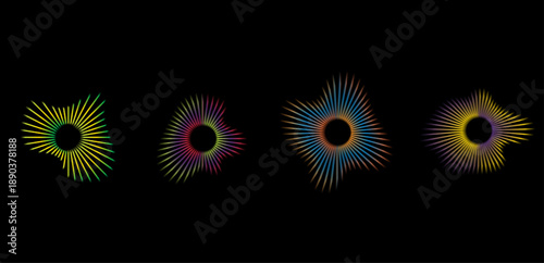 Abstract Colorful Spiral Radial Shapes on Dark Background Neon Gradient Spiral Circular Wave Design Modern Abstract Radial Burst Pattern Set Colorful Geometric Spiral Energy Waves Futurist