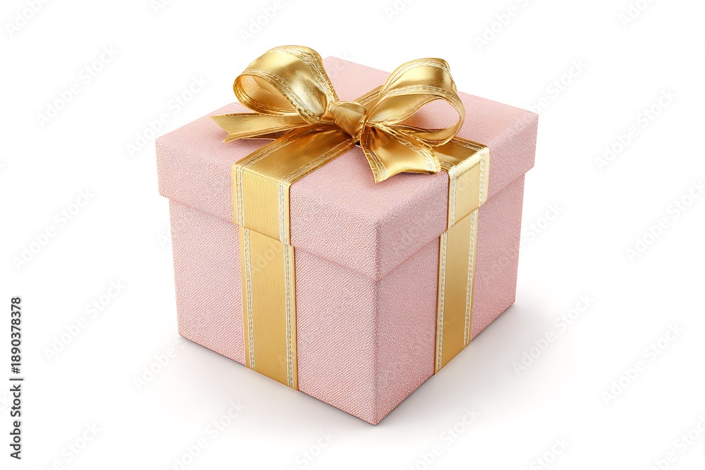 Fototapeta premium Elegant pink gift box with golden ribbon isolated on white background