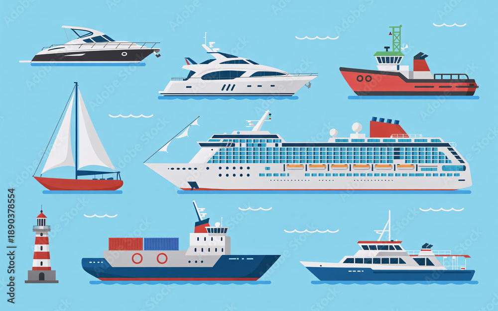 Fototapeta premium Collection of diverse marine vessels including luxury yachts, cargo ship, sailboat, cruise liner, tugboat, and lighthouse on blue water background.