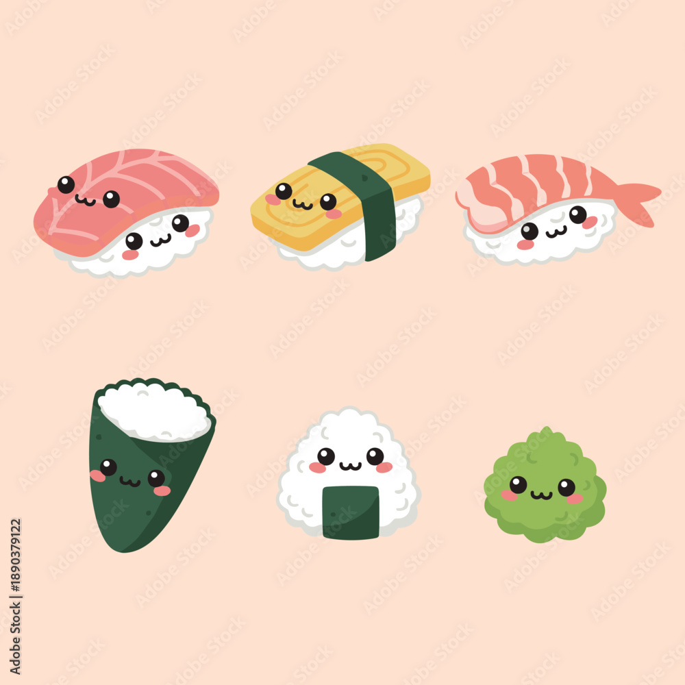 Fototapeta premium Cute Kawaii Sushi Character Set with Nigiri Onigiri Temaki and Wasabi Vector Illustration Isolated on Plain Background for Menu Design