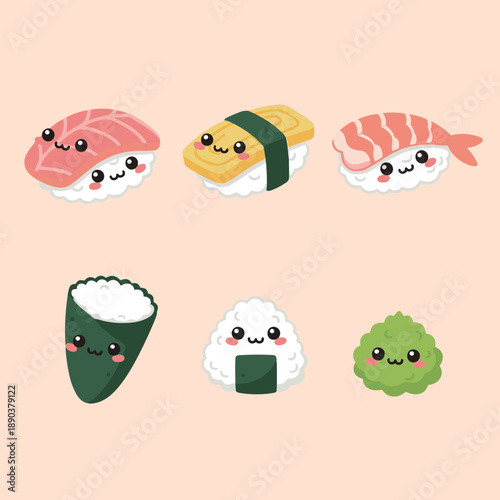 Cute Kawaii Sushi Character Set with Nigiri Onigiri Temaki and Wasabi Vector Illustration Isolated on Plain Background for Menu Design