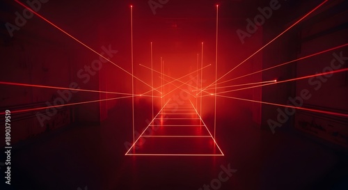 A dense web of red laser beams barricades a dark corridor, serving as a visual metaphor for high-stakes security systems, digital entrapment, and the tension of an impossible heist

