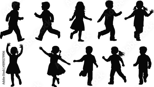 Set of children running and jumping silhouettes, boys and girls playful movement poses, kid activity collection, black vector illustration