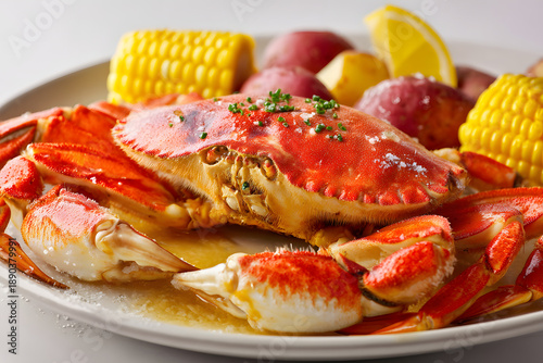 Wallpaper Mural Delicious high-angle view of a whole crab dish with corn, potatoes, and lemon on a white plate Torontodigital.ca