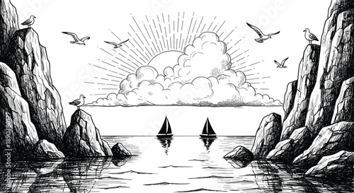 Vintage black and white coastal seascape illustration, sailboats between rocky cliffs, seabirds flying, dramatic clouds and sunburst rays