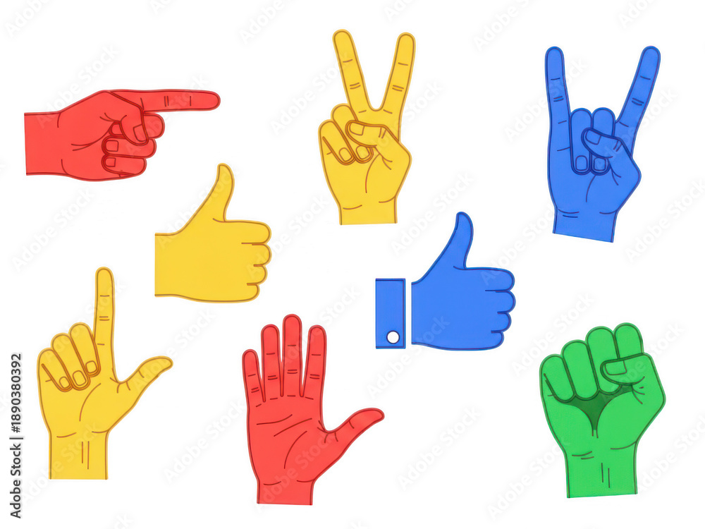 Fototapeta premium Colorful hand gestures representing various emotions isolated on white background