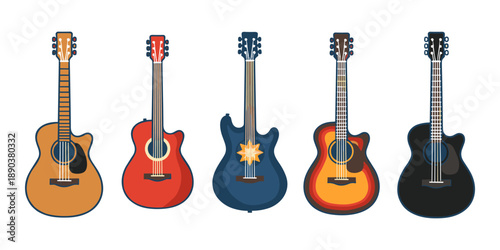 Collection of musical acoustic and electric guitars