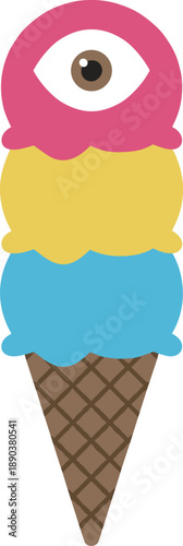 Unique three scoop ice cream cone character with a large eye on the top pink scoop in vibrant colors isolated on white background for design