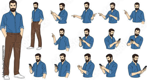 Bearded male character illustration set with casual outfit, full body and half body poses, pointing gestures, smartphone actions, modern lifestyle vector design