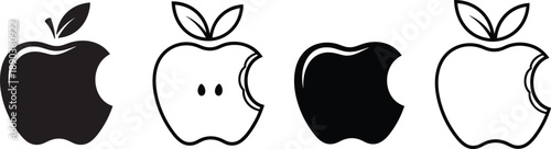 Bitten apple icon set, solid and outline apple silhouettes, fruit logo shapes, bite mark detail, leaf accents, healthy food symbols, minimalist design