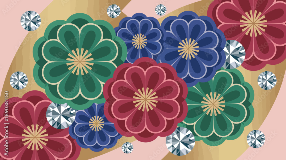Fototapeta premium Vibrant floral pattern with colorful flowers and sparkling diamonds