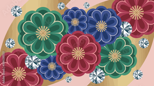 Vibrant floral pattern with colorful flowers and sparkling diamonds