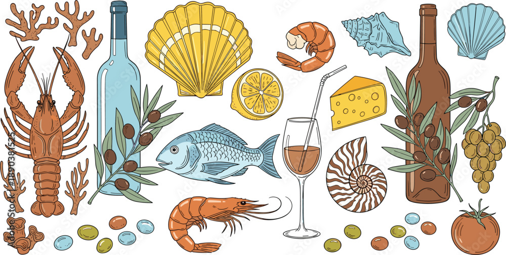 Fototapeta premium Hand Drawn Vector Illustration Set of Mediterranean Seafood and Gourmet Lifestyle Featuring Lobster Shrimp Fish Scallops Wine Bottles Olives Cheese and Coastal Dining Elements