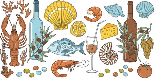 Hand Drawn Vector Illustration Set of Mediterranean Seafood and Gourmet Lifestyle Featuring Lobster Shrimp Fish Scallops Wine Bottles Olives Cheese and Coastal Dining Elements