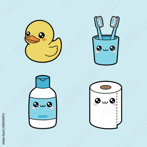 Cute Kawaii Bathroom Essentials Set Featuring Yellow Rubber Duck Toothbrush Holder Soap Bottle and Toilet Paper Roll on Blue Background