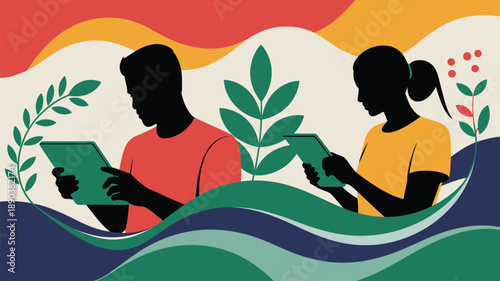 Two people using digital tablets surrounded by green plants and colorful wavy lines