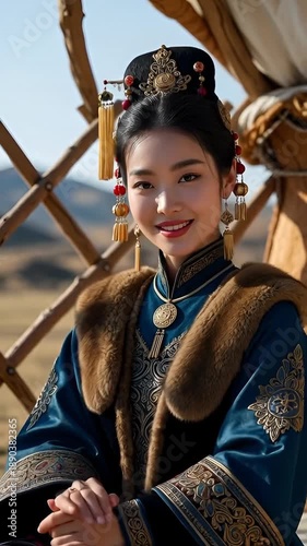 Beautiful young Mongolian girl in Mongolian folk ethnic costume. Mongol Ethnic Woman