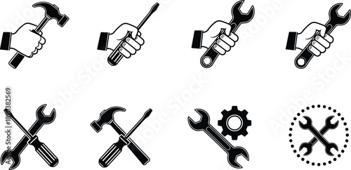 Hand tools icons set with hammer, screwdriver and wrench in black and white style, repair maintenance vector illustration collection