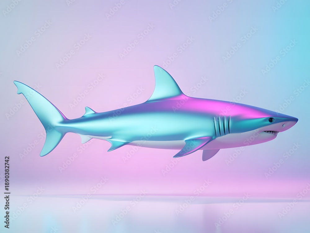 Fototapeta premium A surreal, iridescent shark rendered in 3D, shimmering with pink and blue hues against a gradient background.