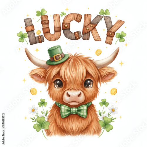 Cute fluffy Highland cow wearing a green hat and bow tie, symbolizing luck and celebrating St. Patrick's Day in a charming style