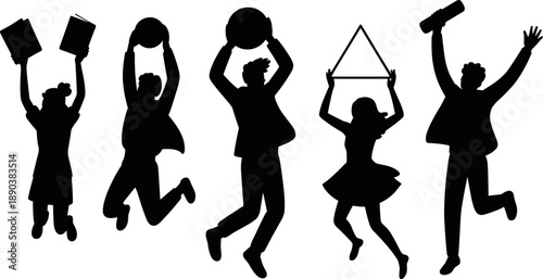 Collection of Jumping Student Silhouettes Celebrating Graduation and Academic Success Holding Books Diplomas and Sports Balls for Educational Vector Design and Youth Achievement