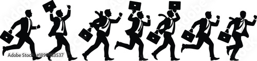 Running businessman silhouettes with briefcase and laptop, corporate rush concept, office commute, deadline pressure, career competition, fast-paced business lifestyle illustration