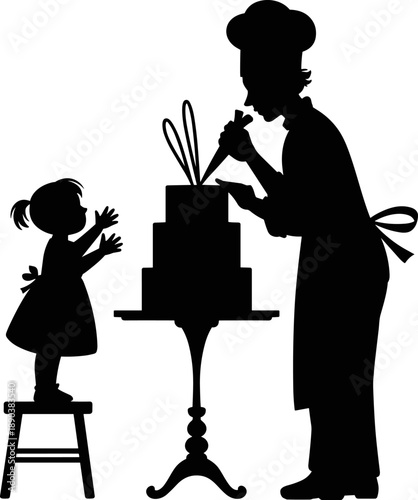 Black Silhouette of Professional Pastry Chef Decorating Large Tiered Cake with Little Girl Watching for Bakery Branding Culinary School Classes and Family Baking Activities