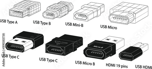 USB connector types illustration set showing Type A, Type B, Mini, Micro, Type C and HDMI plugs, data transfer ports, electronics cable interfaces
