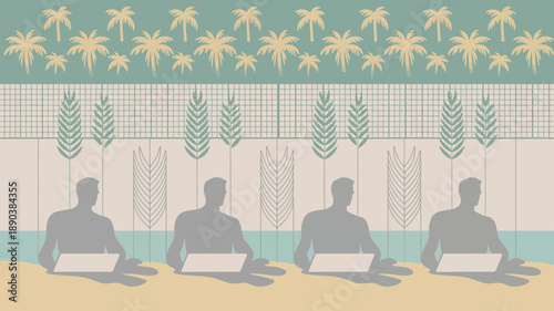 Remote workers enjoying tropical getaway with laptops on sandy beach