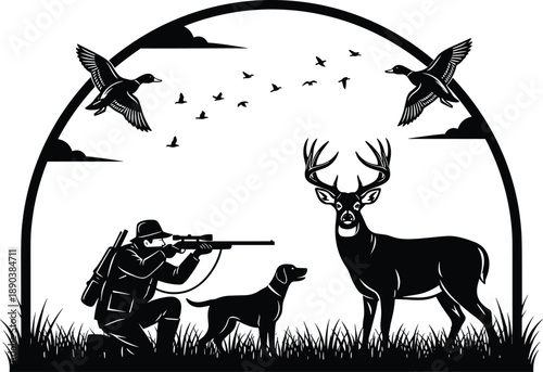 Black and white hunting scene silhouette featuring a hunter with rifle dog deer and flying ducks for outdoor sport vector illustration